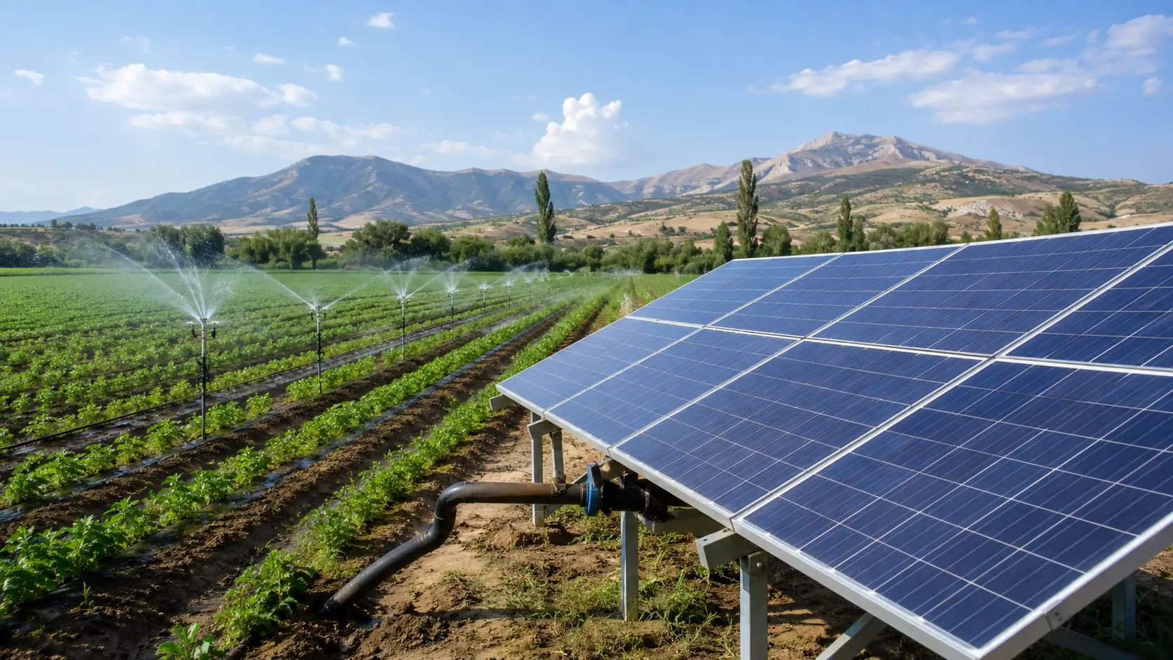 Tarımsal sulamada güneş enerjisi panelleri ile tarlanın sulanması